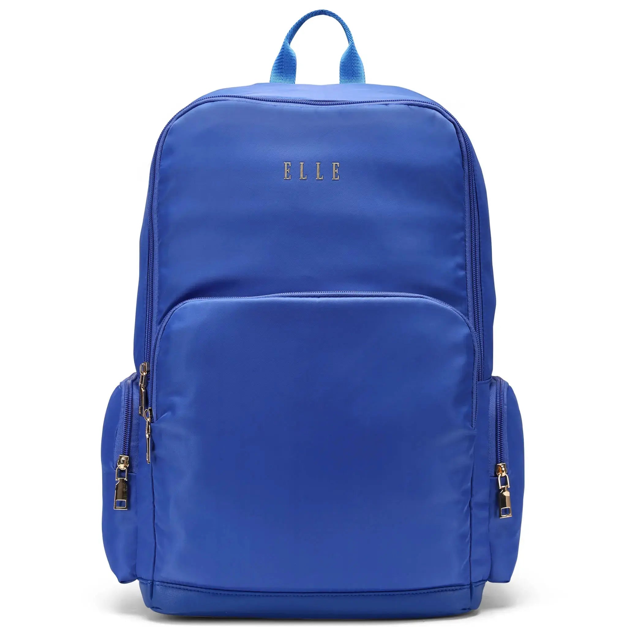Blue backpack with 'ELLE' branding on a white background