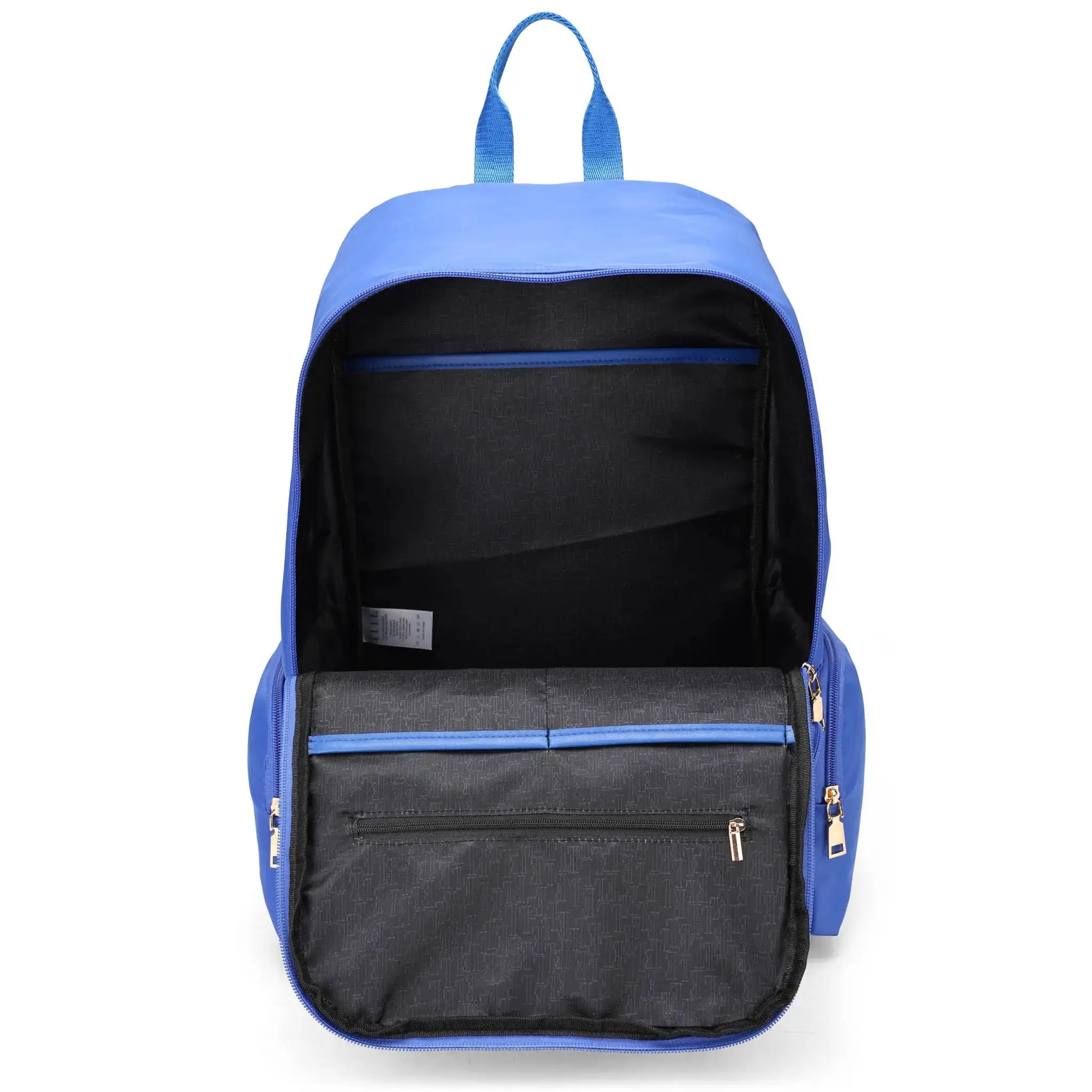 Blue backpack with black interior on a white background