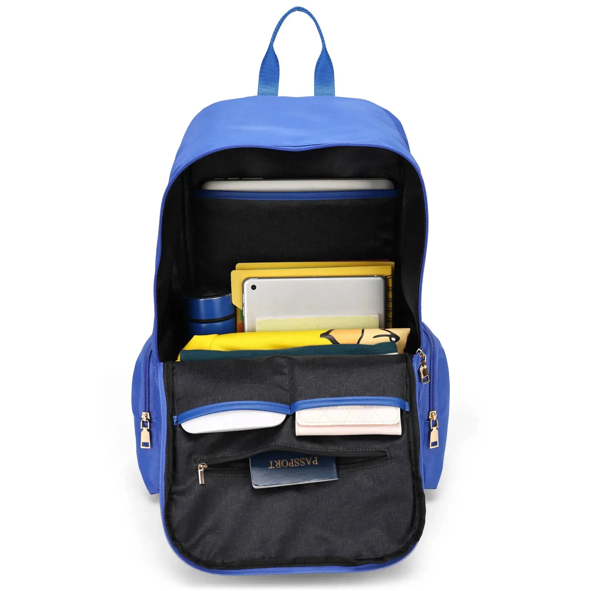 Blue backpack with compartments containing books and a water bottle on a white background