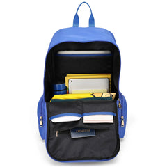 Blue backpack with compartments containing books and a water bottle on a white background