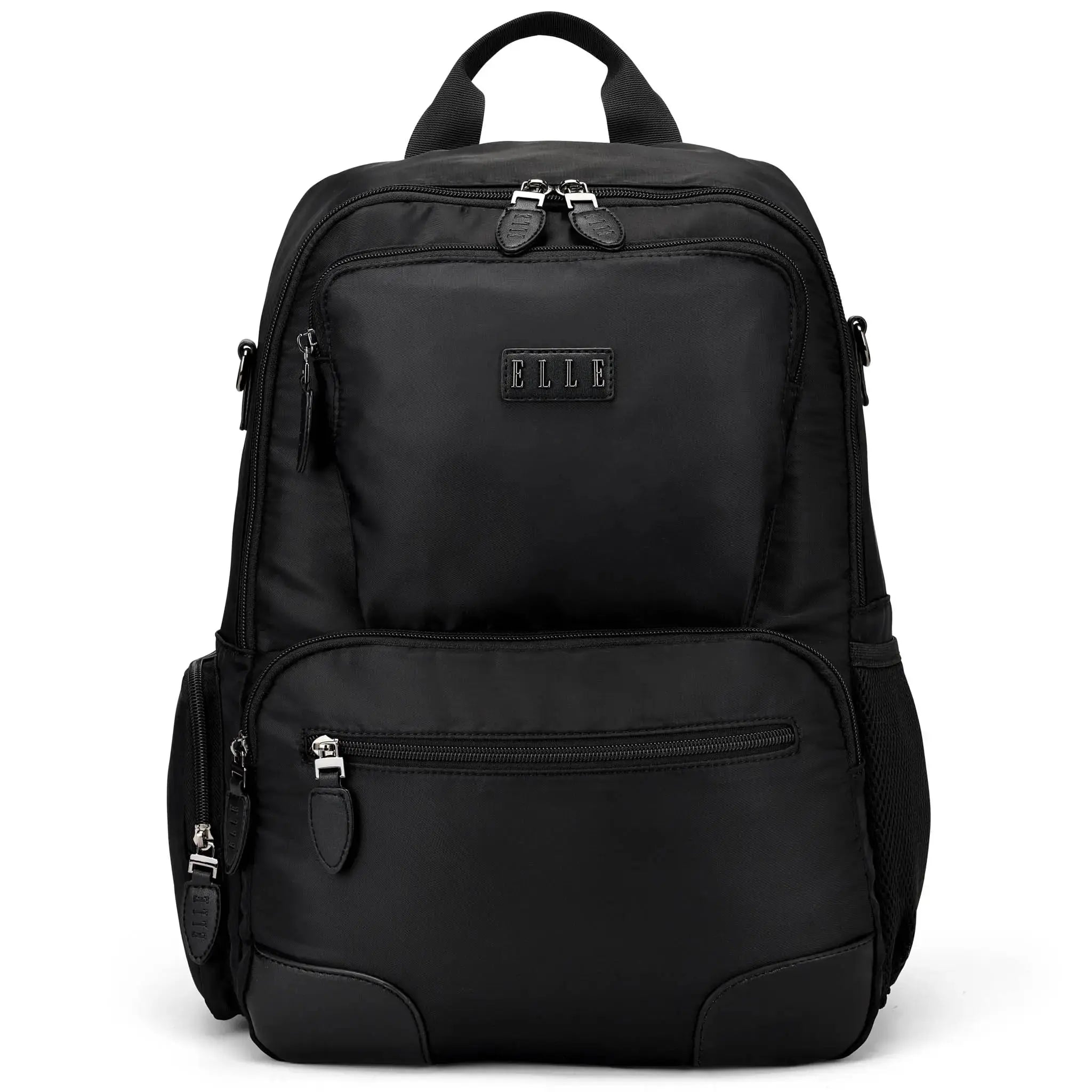 Black backpack with multiple pockets and zippers on a white background