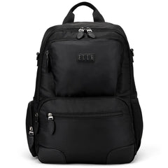 Black backpack with multiple pockets and zippers on a white background