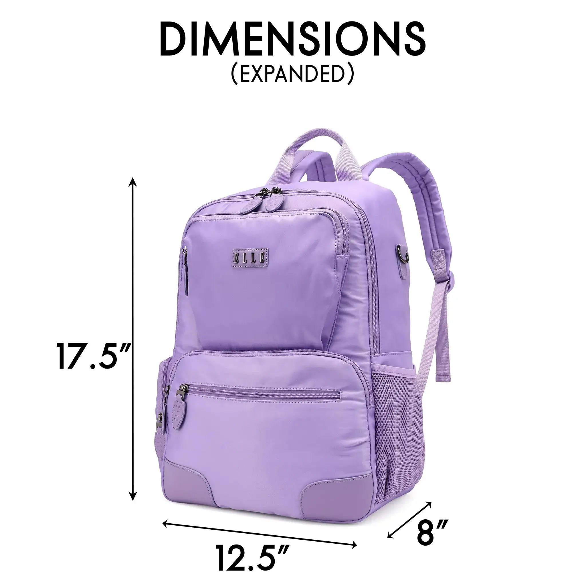 Purple backpack with dimensions labeled on a white background