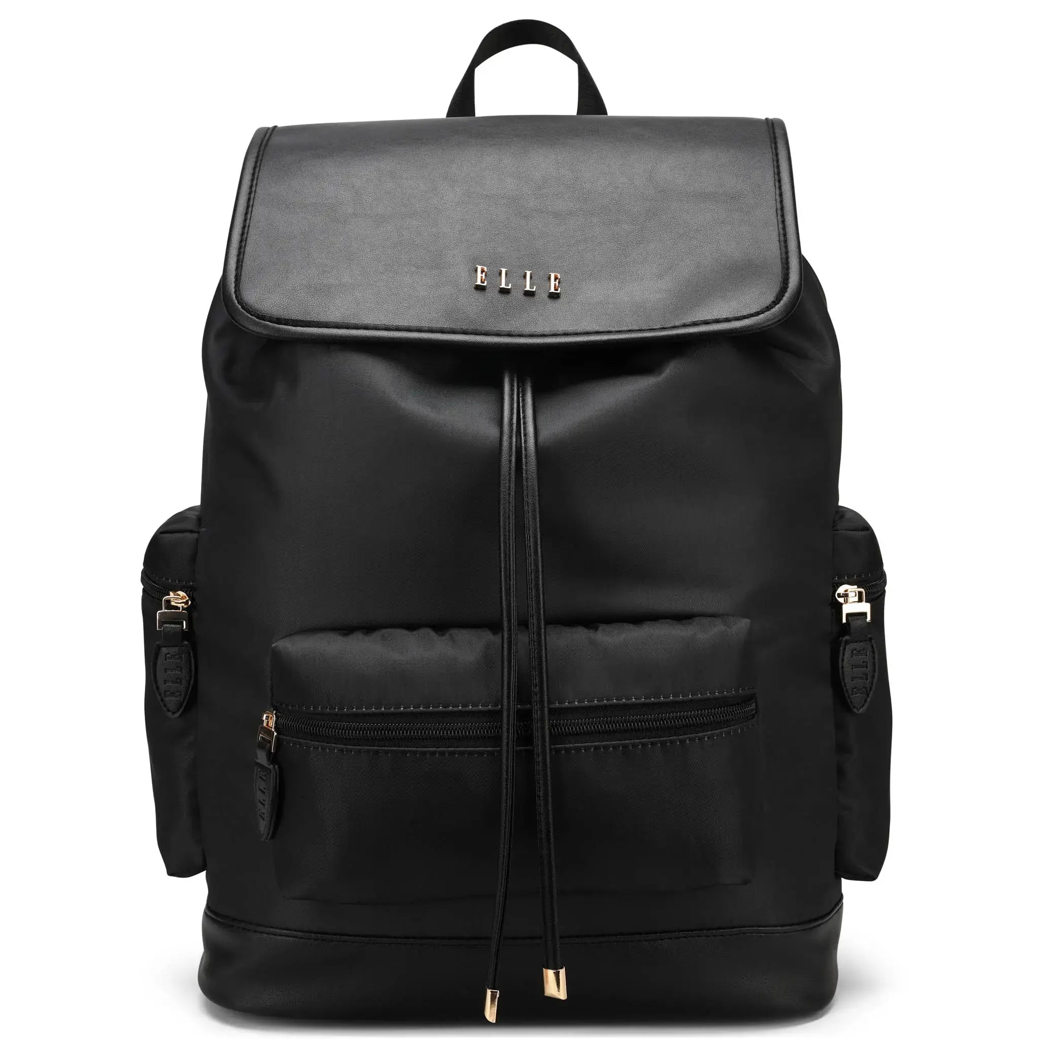 Black backpack with gold accents on a white background