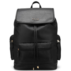 Black backpack with gold accents on a white background
