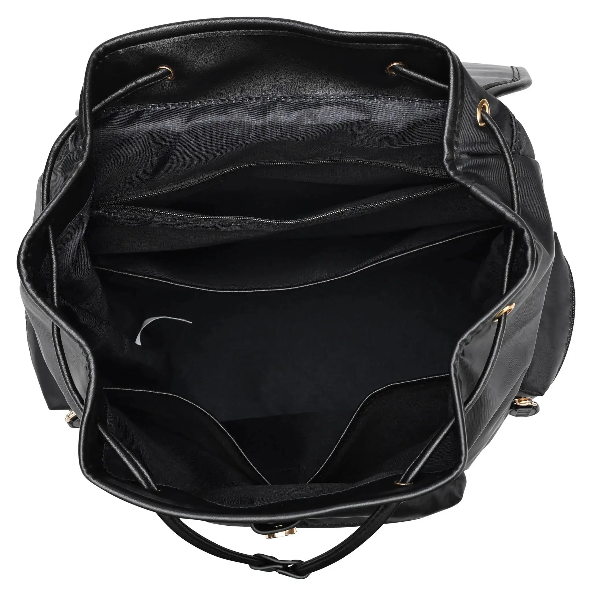 Black backpack with open front compartment on a white background