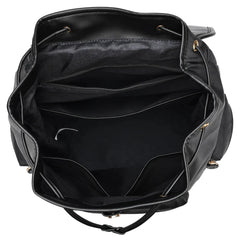 Black backpack with open front compartment on a white background