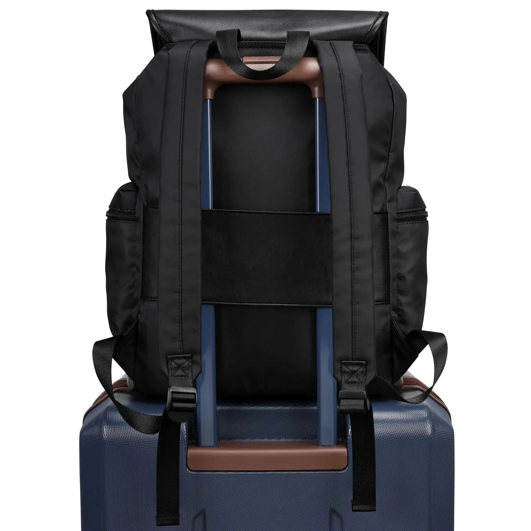 Black backpack with straps on a blue suitcase against a white background