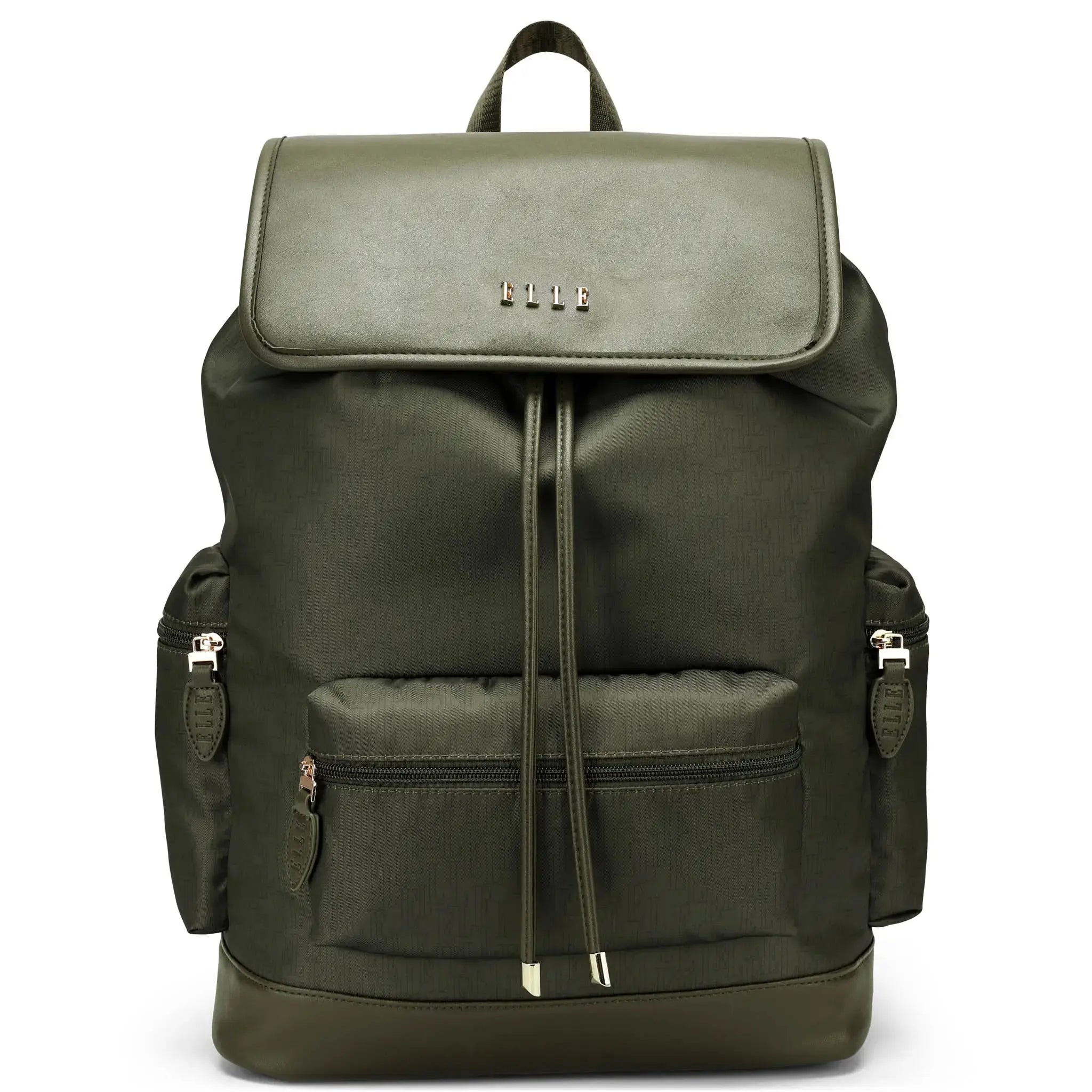 Green backpack with multiple pockets and straps on a white background