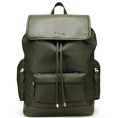 Green backpack with multiple pockets and straps on a white background