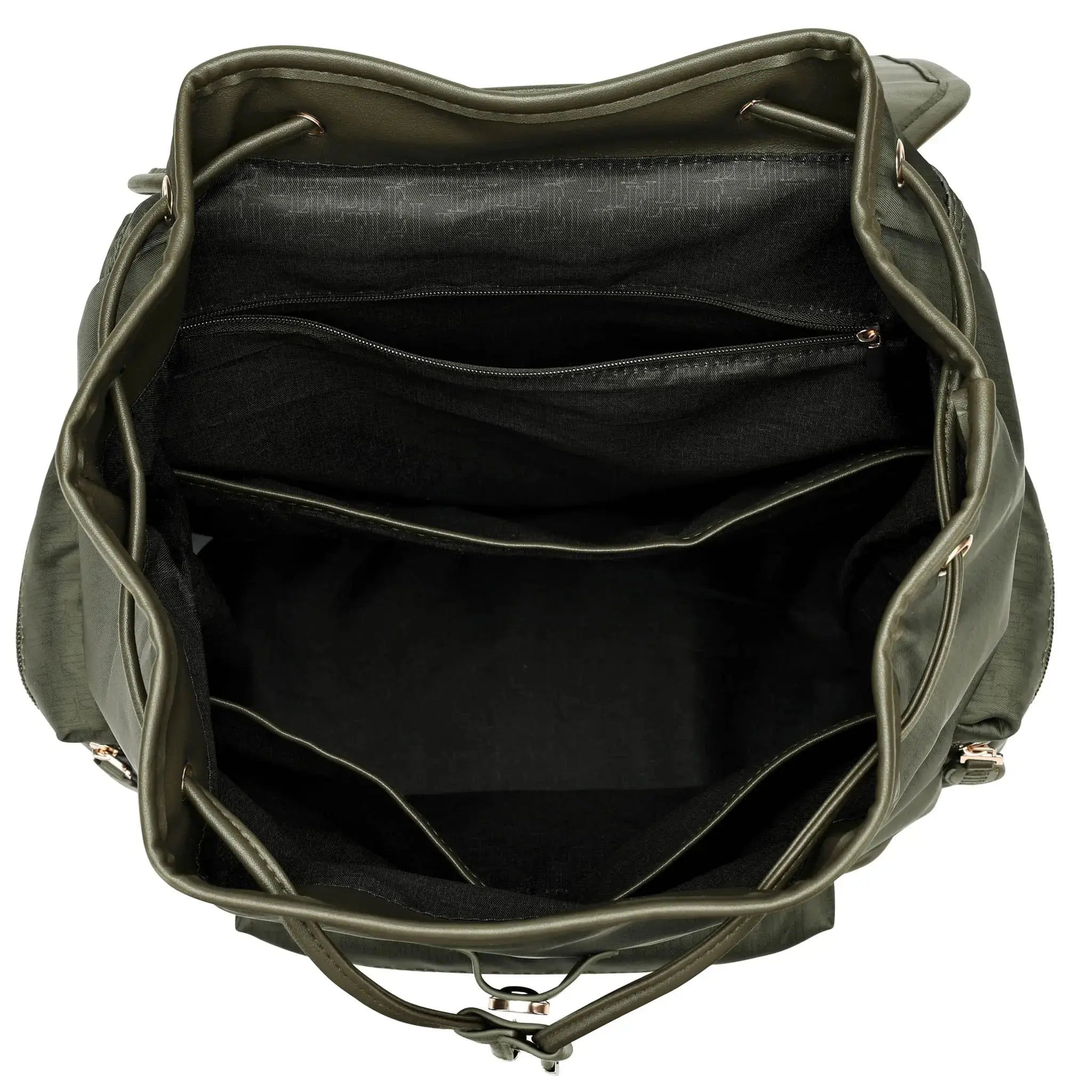 Green leather backpack with open front compartment on a white background
