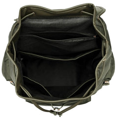 Green leather backpack with open front compartment on a white background