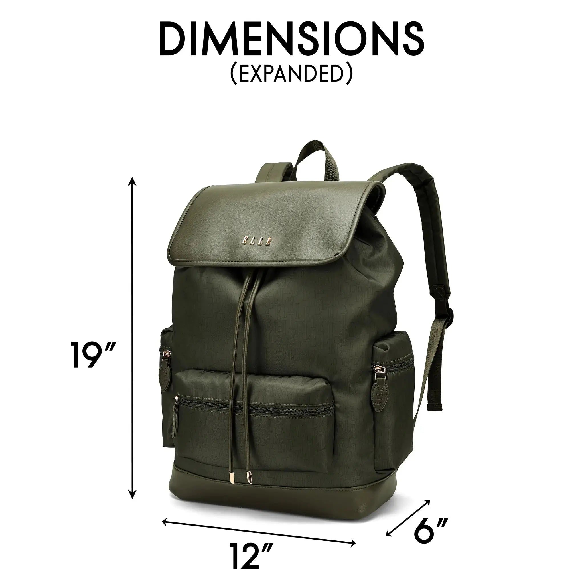 Green backpack with dimensions labeled on a white background