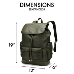 Green backpack with dimensions labeled on a white background