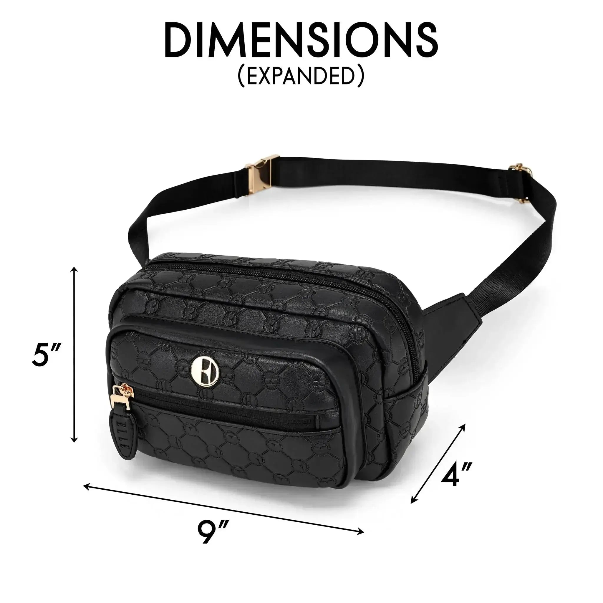 Black waist bag with dimensions labeled on a white background