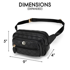Black waist bag with dimensions labeled on a white background