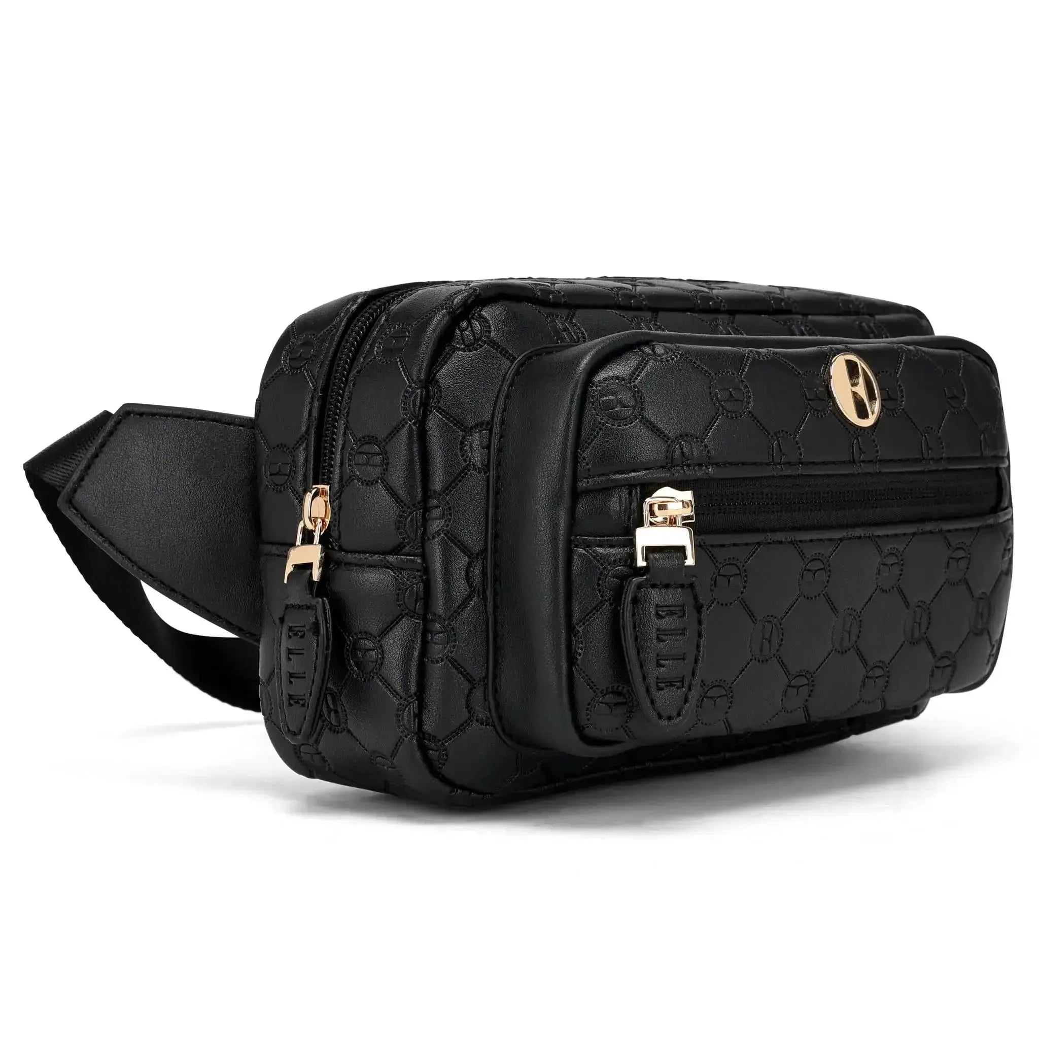 Black quilted waist bag with gold accents on a white background