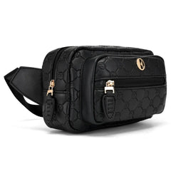 Black quilted waist bag with gold accents on a white background