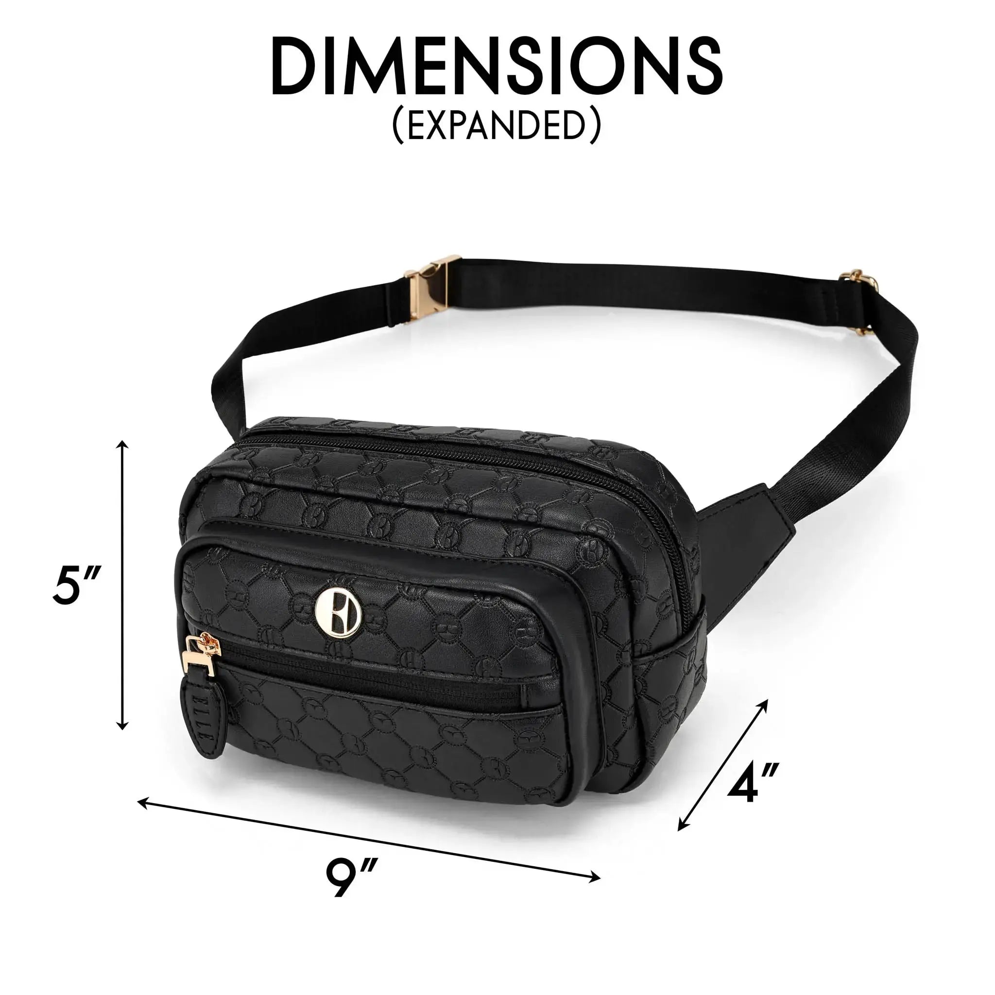Black waist bag with dimensions labeled on a white background