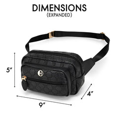 Black waist bag with dimensions labeled on a white background