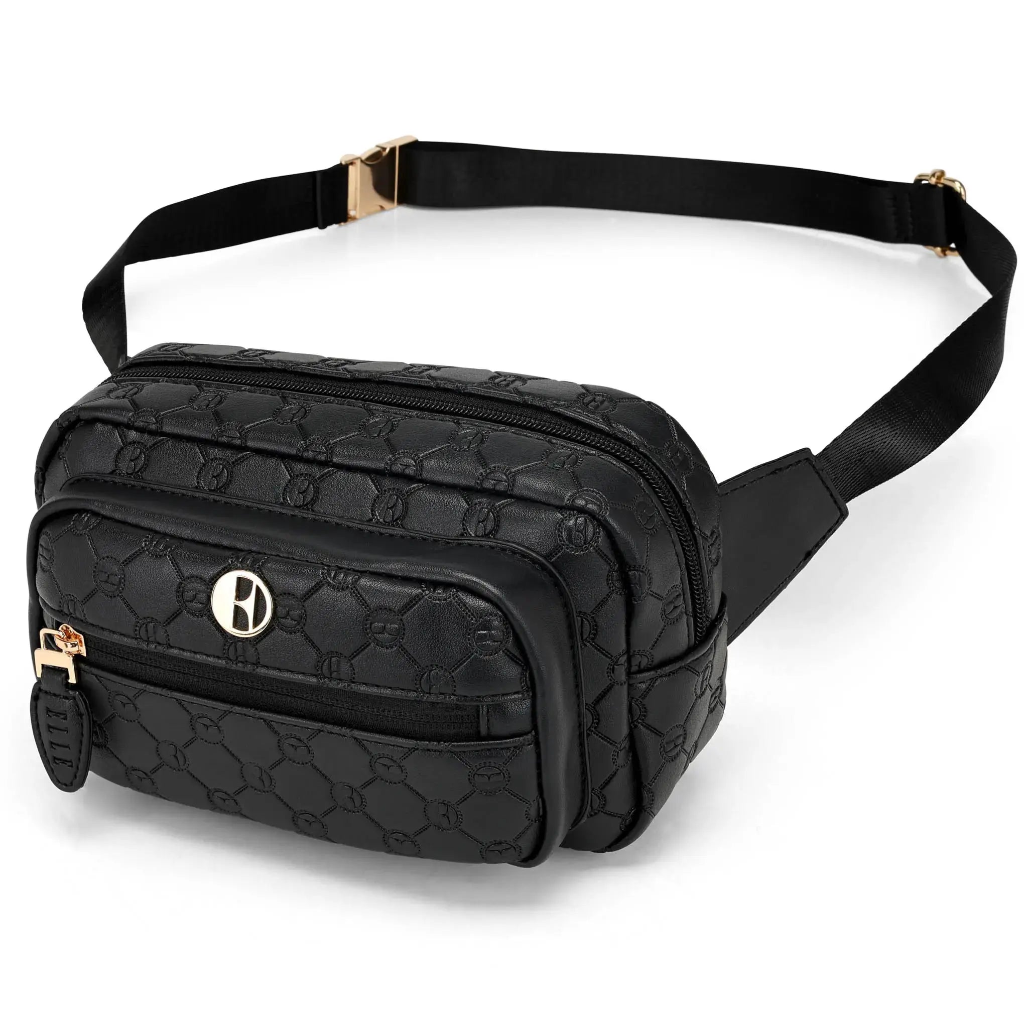 Black quilted fanny pack with gold accents on a white background