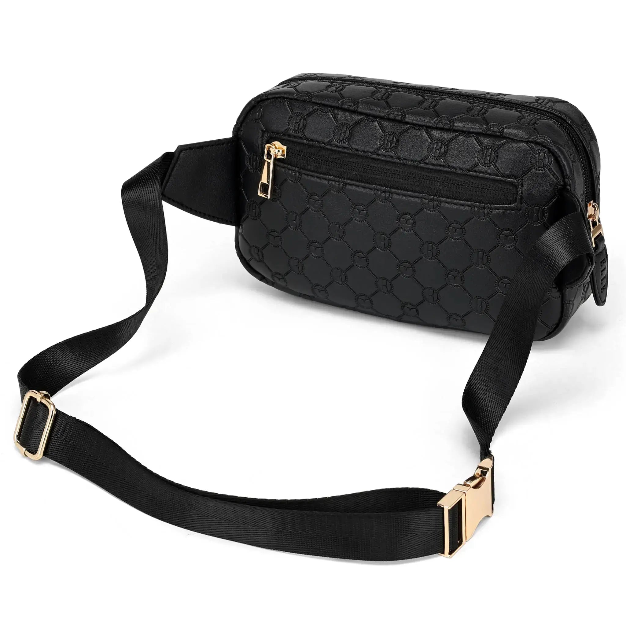 Black quilted waist bag with gold accents on a white background