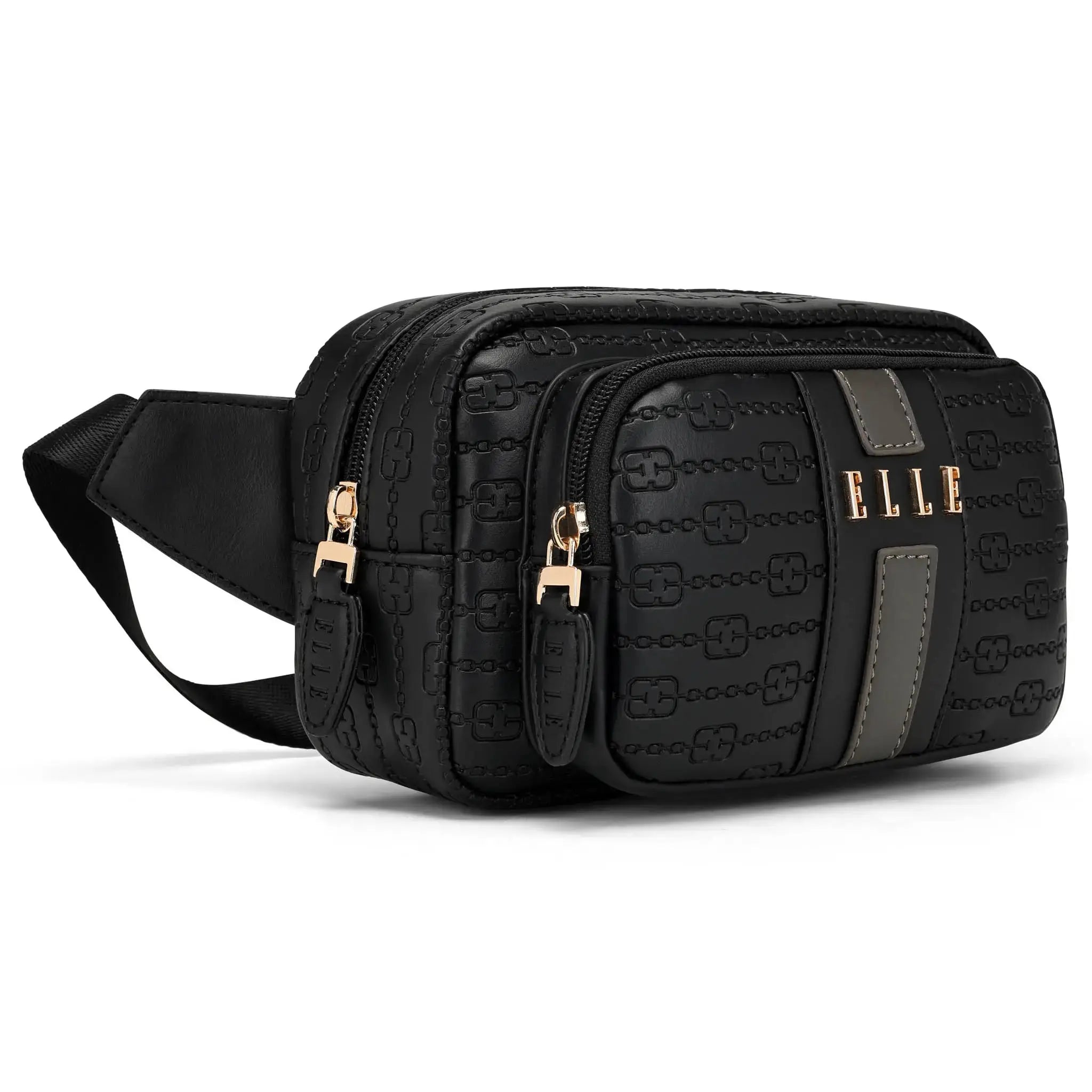 Black patterned waist bag with gold accents on a white background