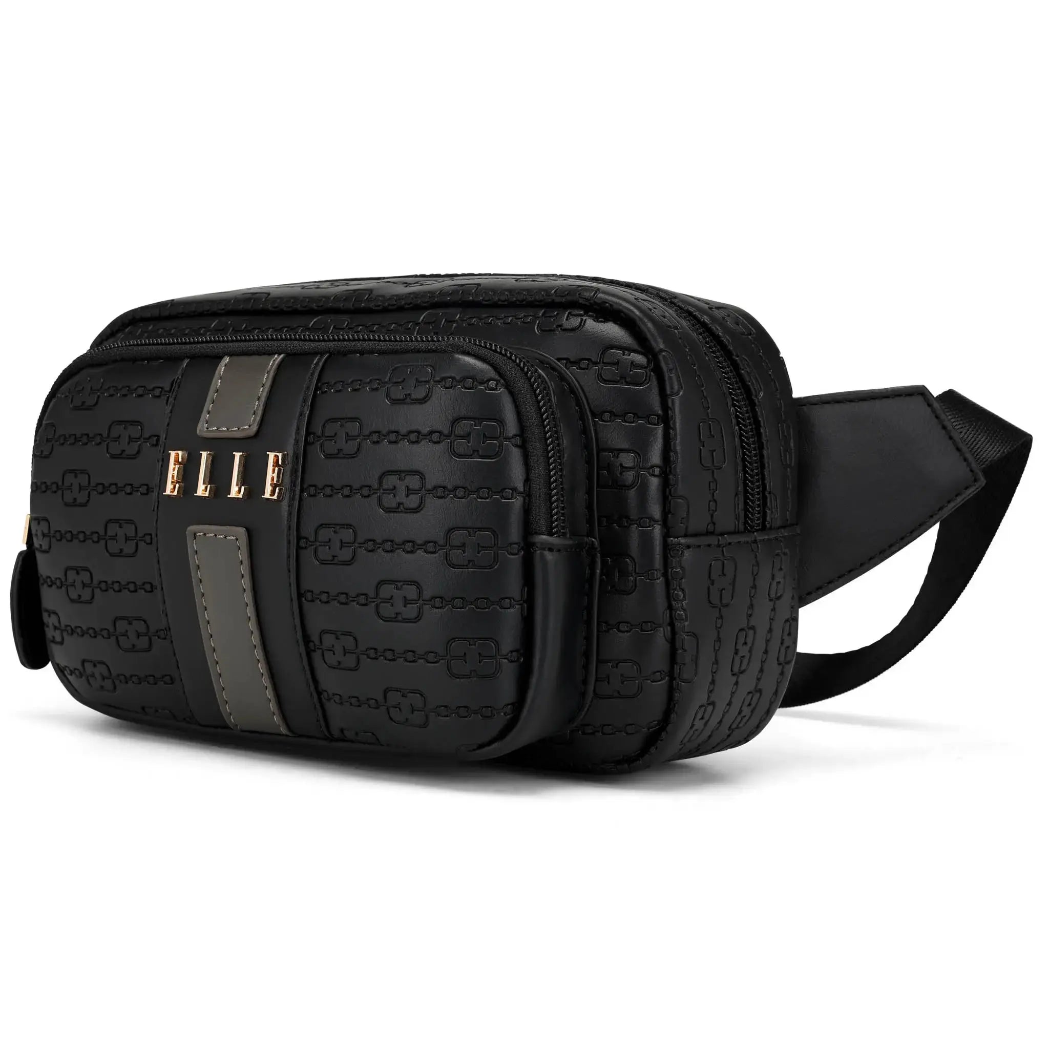 Black embossed waist bag with visible brand logo on a white background