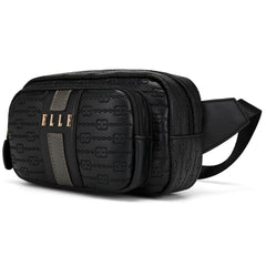 Black embossed waist bag with visible brand logo on a white background