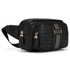 Black patterned waist bag with gold accents on a white background