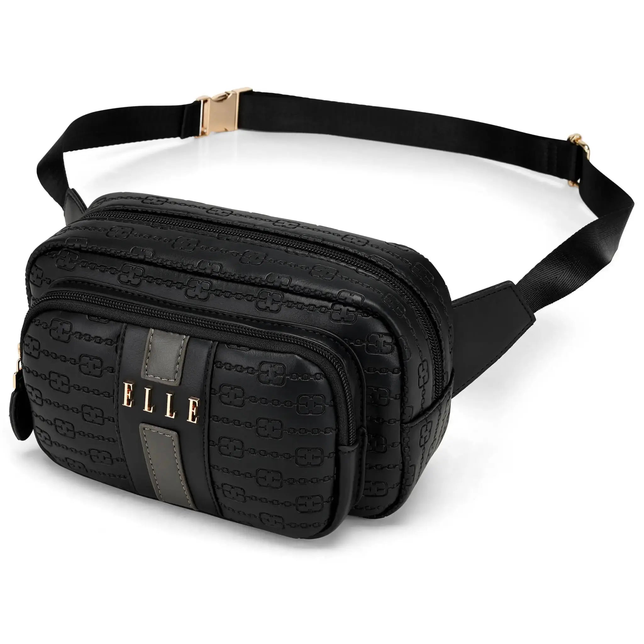 Black textured fanny pack with 'ELLE' branding on a white background