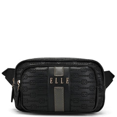 Black patterned waist bag with 'ELLE' branding on a white background