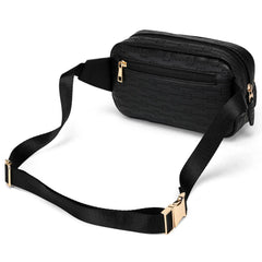 Black waist bag with gold accents on a white background