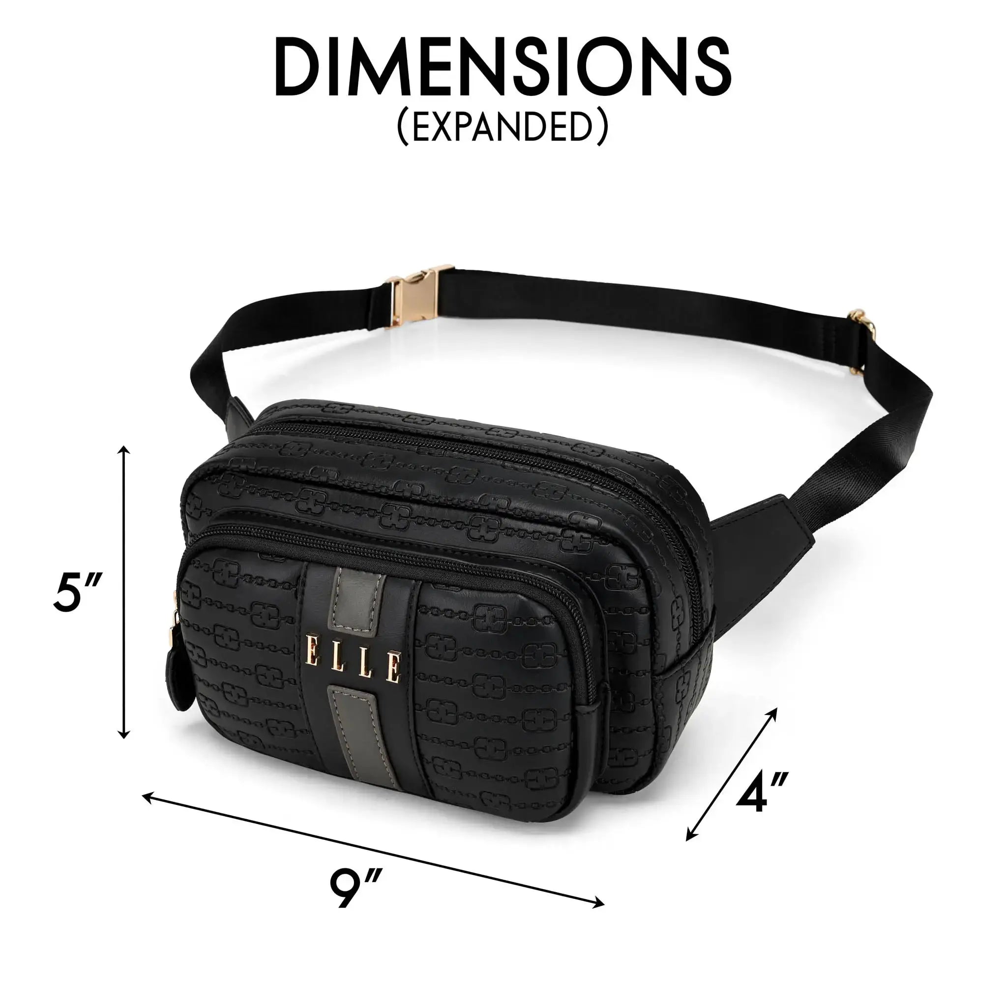 Black waist bag with dimensions labeled on a white background