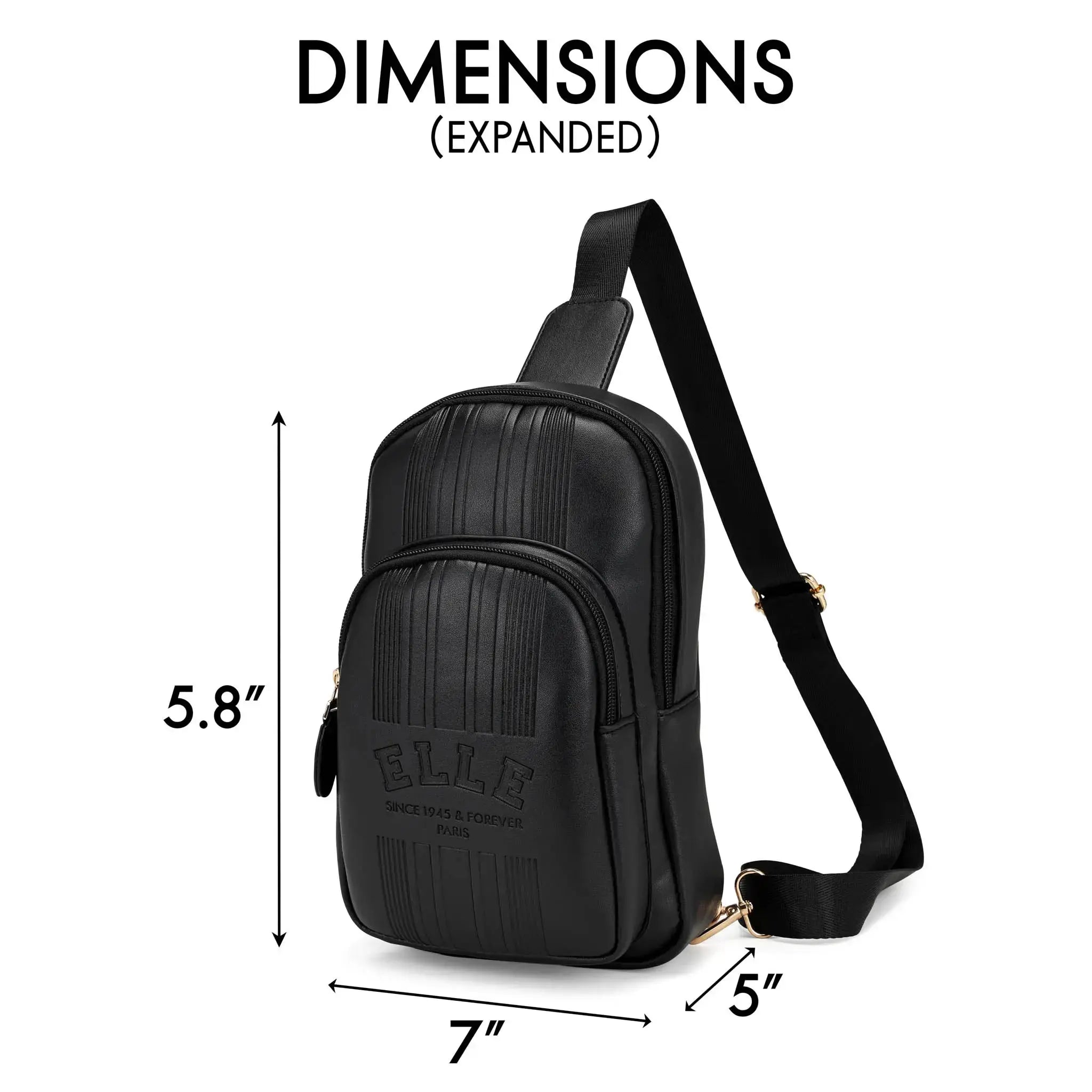 Black sling bag with dimensions labeled on a white background