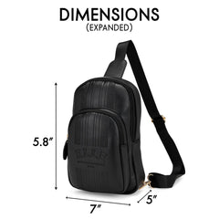 Black sling bag with dimensions labeled on a white background