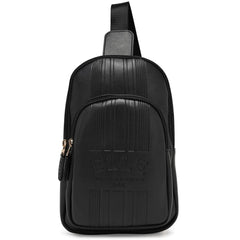 Black leather crossbody bag with a brand logo on a white background