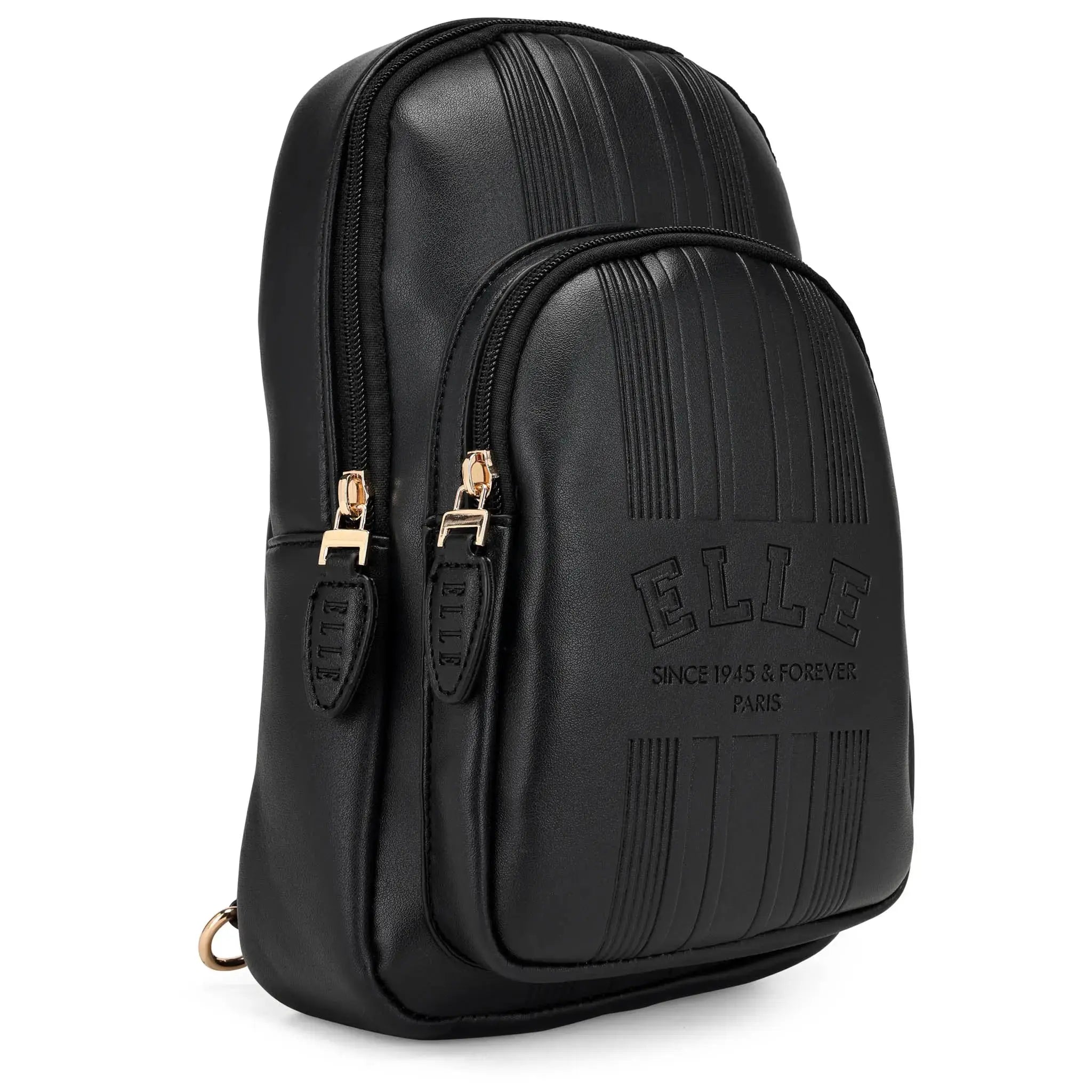 Black backpack with 'ELLE' branding on a white background
