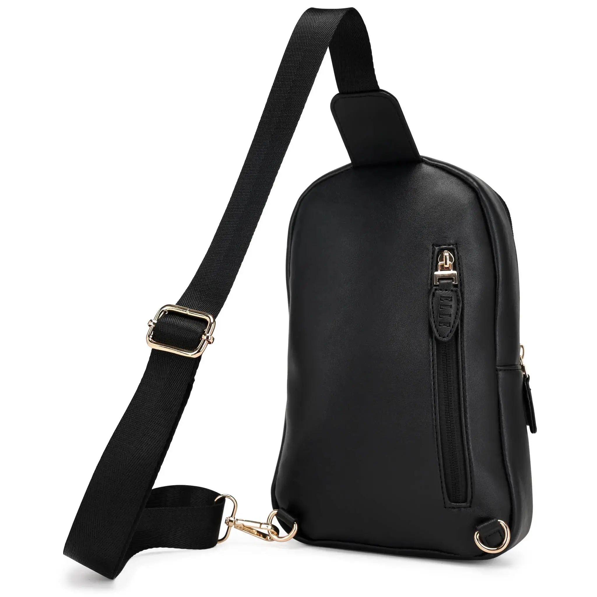 Black leather sling bag with a strap on a white background