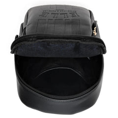 Black backpack with open front compartment on a white background