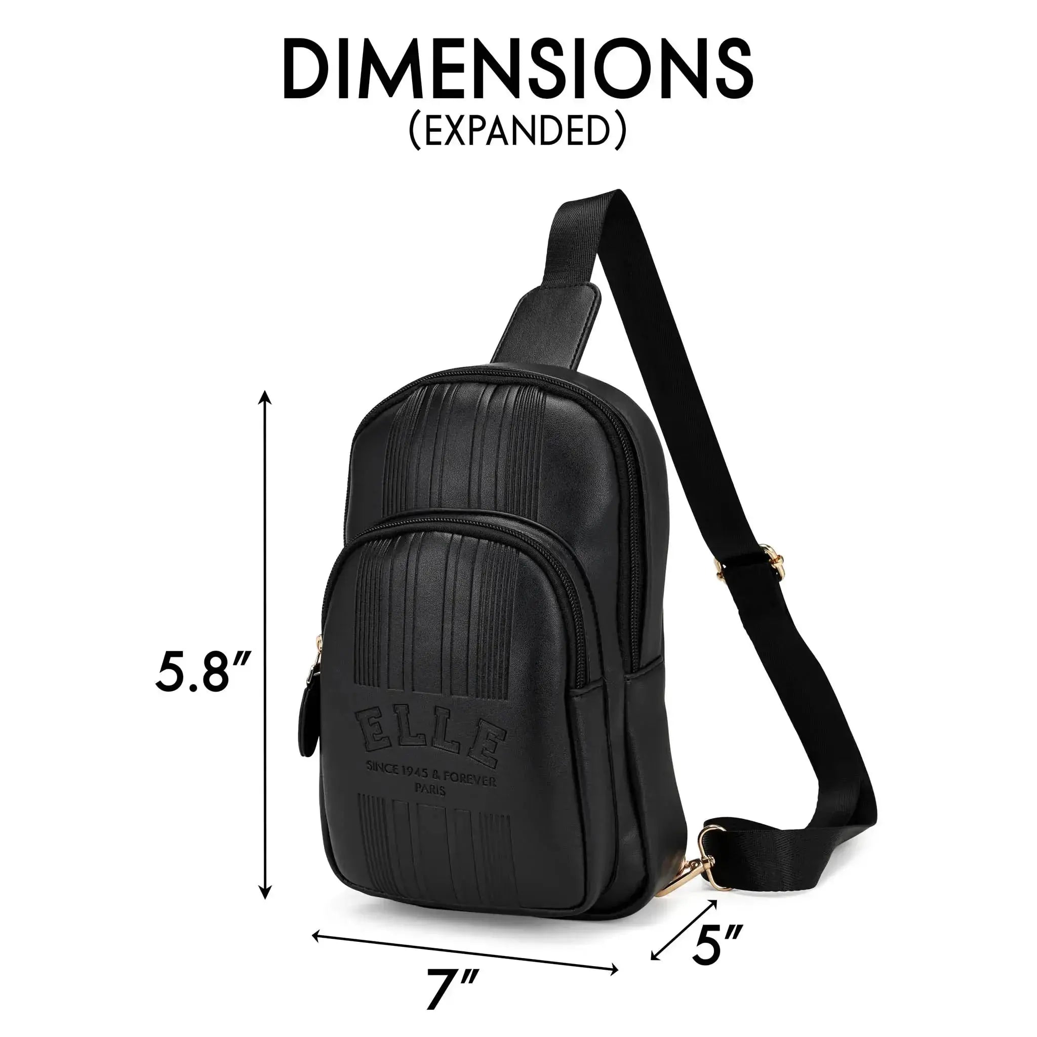 Black sling bag with dimensions labeled on a white background