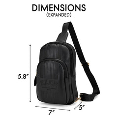 Black sling bag with dimensions labeled on a white background