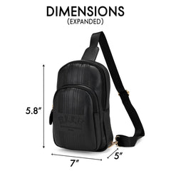 Black sling bag with dimensions labeled on a white background