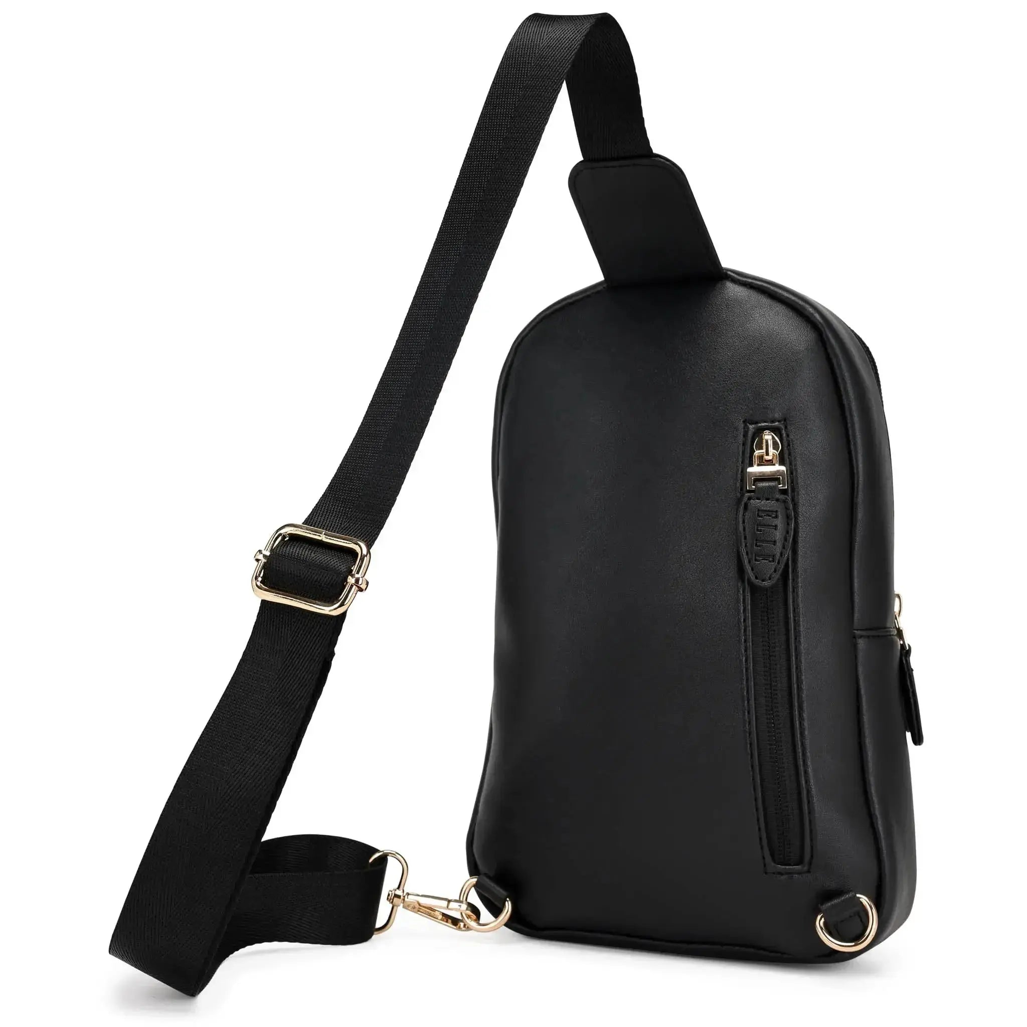 Black leather sling bag with a strap on a white background