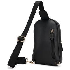 Black leather sling bag with a strap on a white background