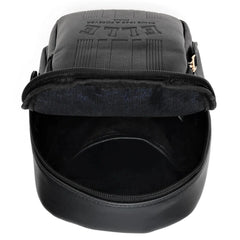 Black backpack with visible branding on a white background