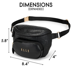 Black textured fanny pack with 'ELLE' branding and dimensions on a white background