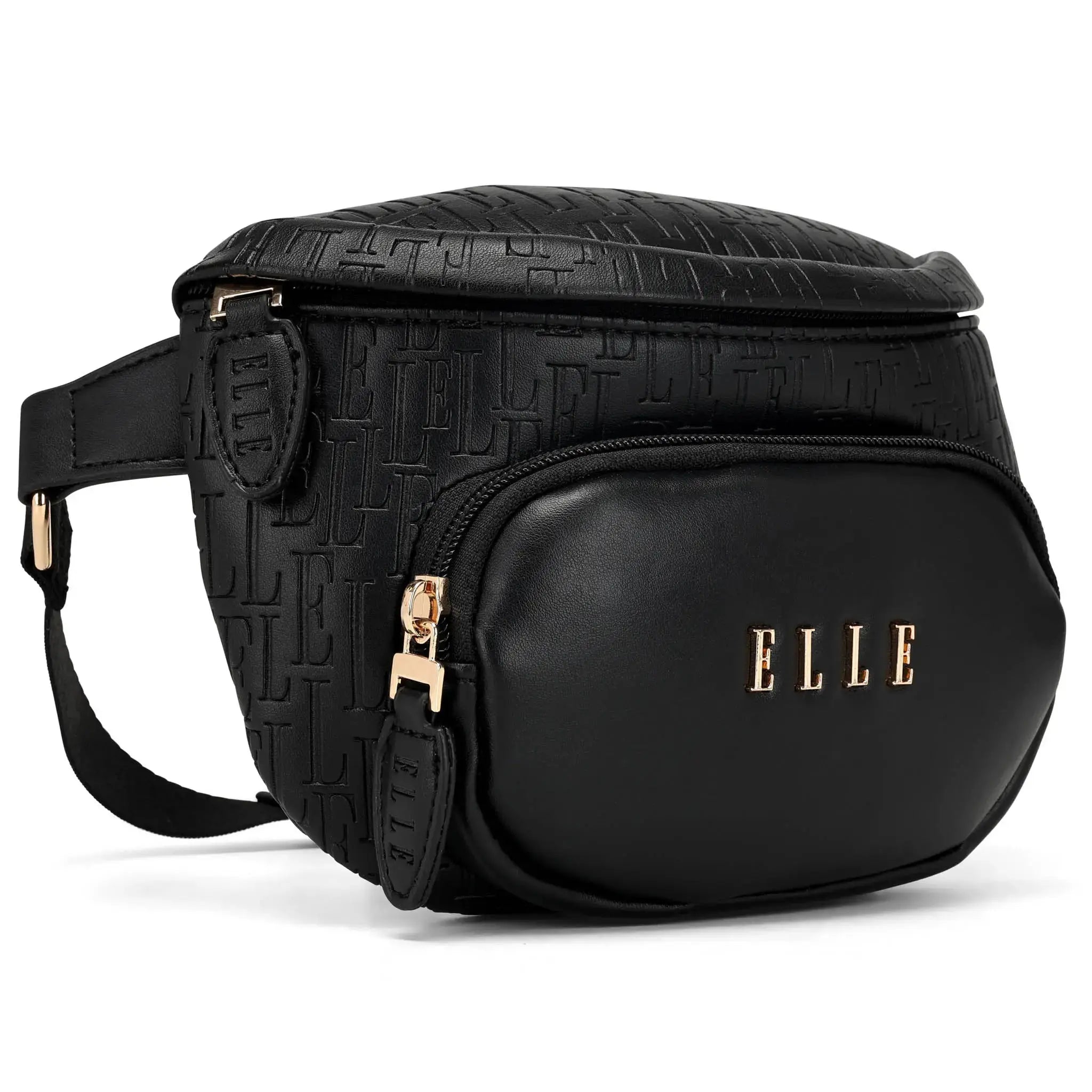 Black waist bag with 'ELLE' branding on a white background