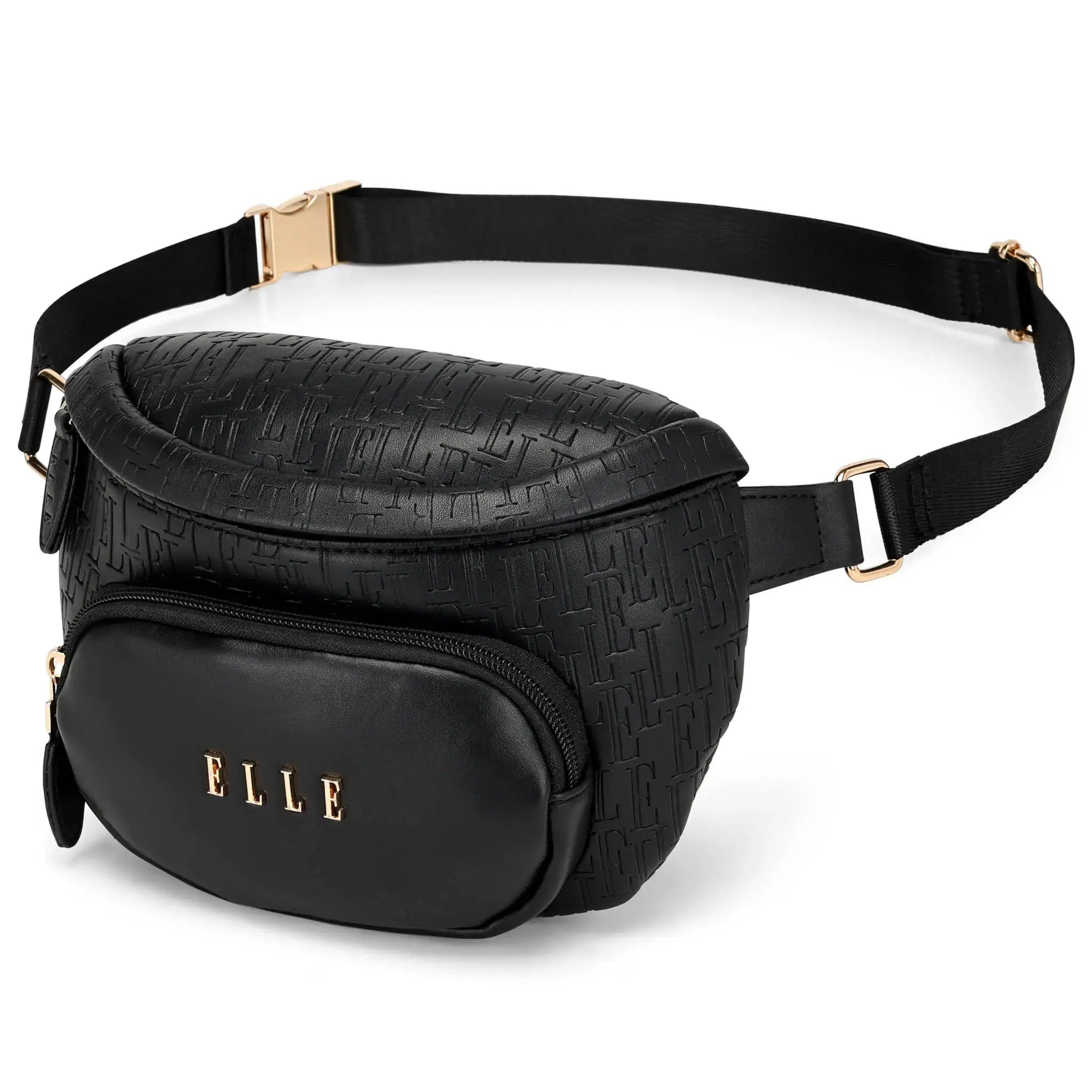 Black textured fanny pack with gold accents on a white background