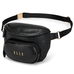 Black textured fanny pack with gold accents on a white background